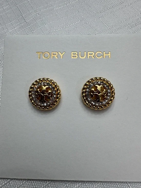 Tory Burch Gold-Tone Logo Crystal Round Stud Earrings - Picture 5 of 6